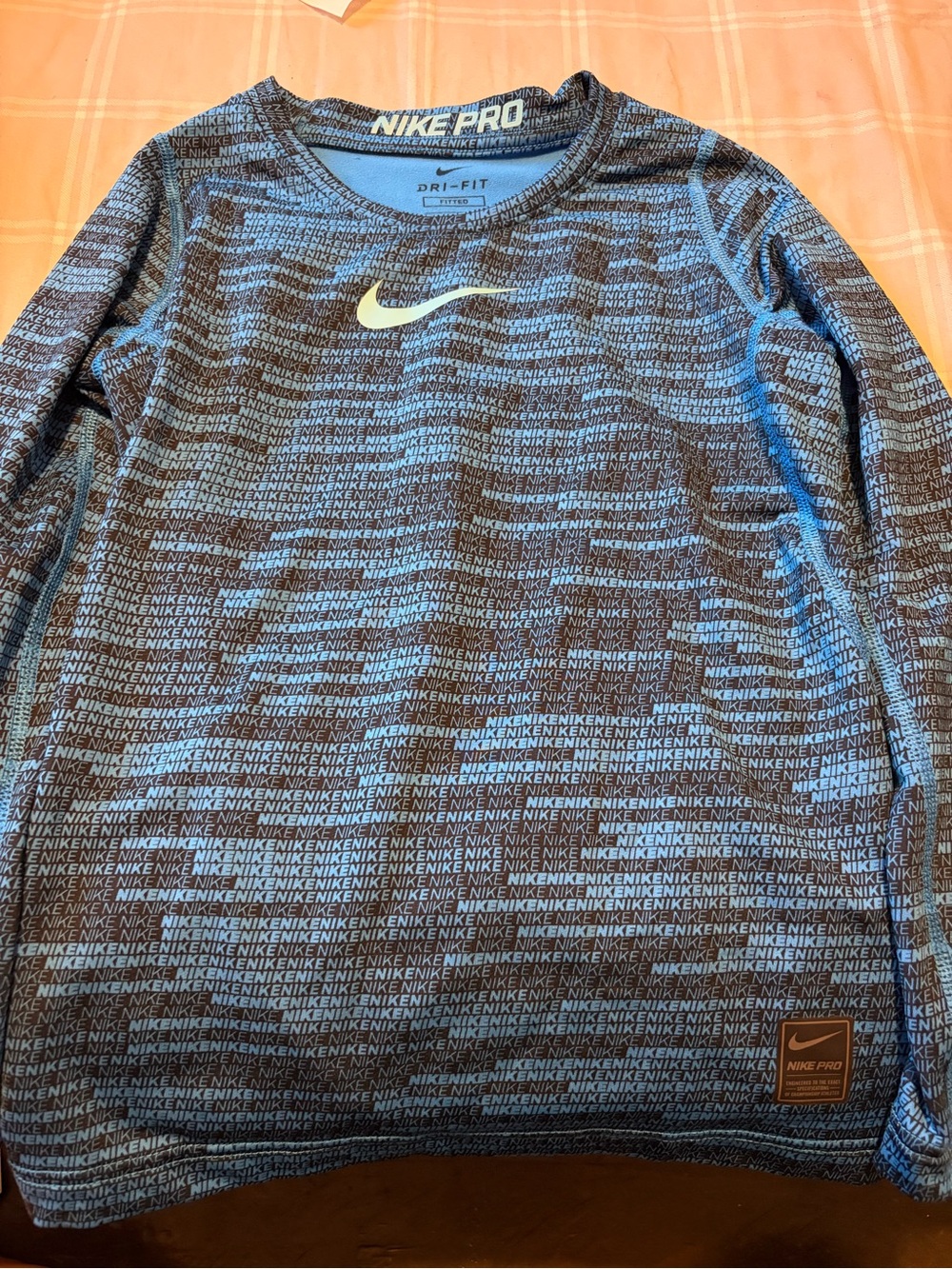 Nike Pro Blue and Gray Long Sleeve Logo Print Top